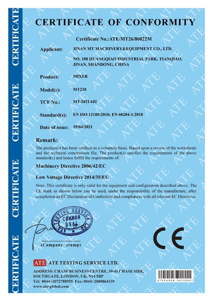 Cina Jinan MT Machinery &amp; Equipment Co., Ltd. Sertifikasi